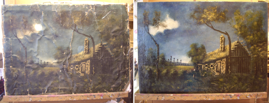 Photo avant/après restauration d'un tableau complètement froissée puis entièrement restauré