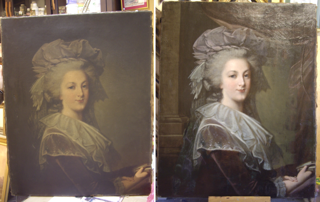 Double photo : restauration d'un tableau d'un portrait de Marie Antoinette