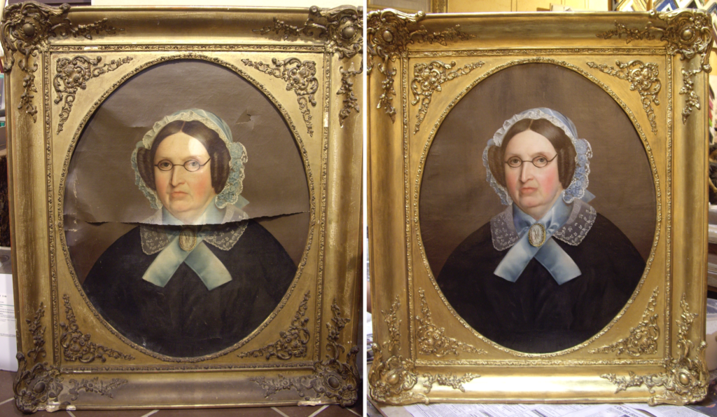 Double photo représentant un portrait d'une femme assez âgée. La toile est coupé en deux et trouée à certains endroits. Après restauration les déchirures sont invisibles
