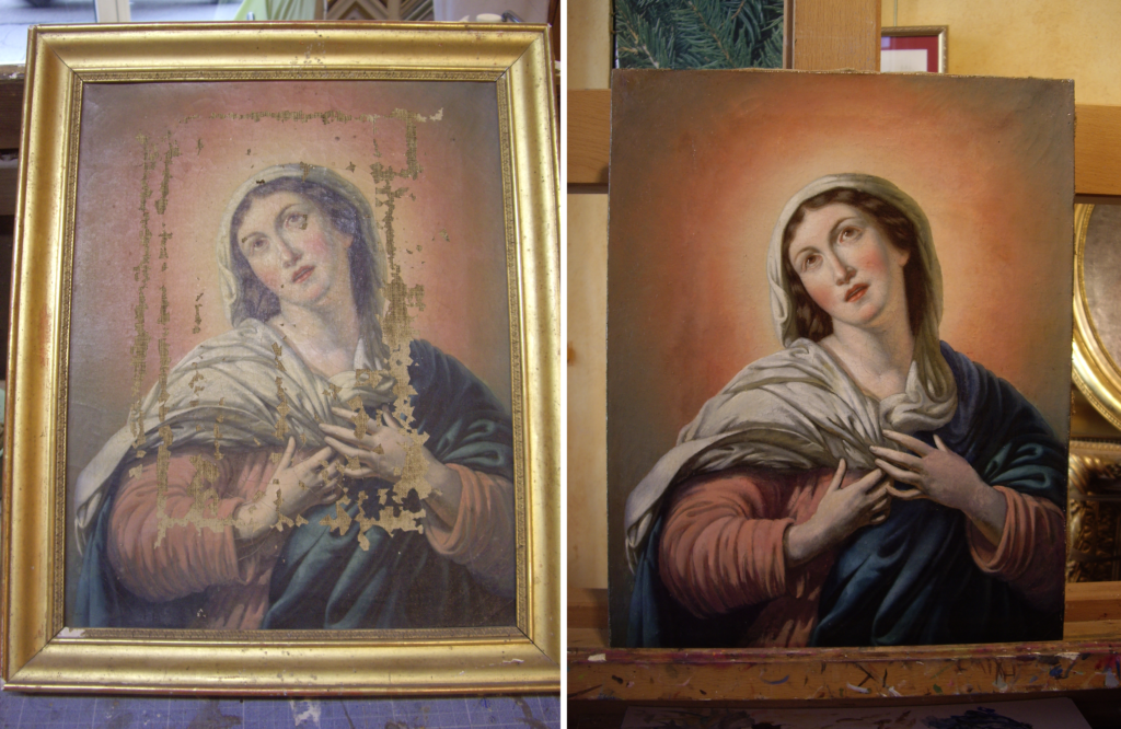 Double photo : une toile de la Vierge Marie jeune avec de nombreux écaillages est restauré. Le tableau est lumineux et sans défaut.