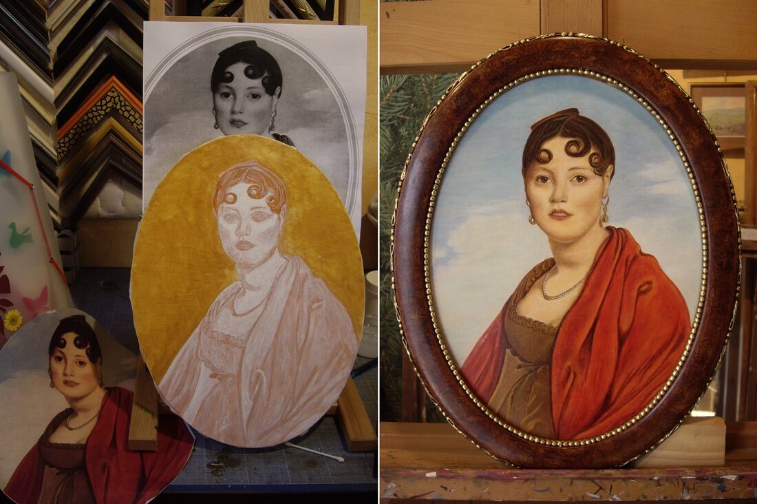Plusieurs étapes sont représentés concernant la réalisation à la peinture à l'huile d'un portrait ovale d'une jeune femme romantique