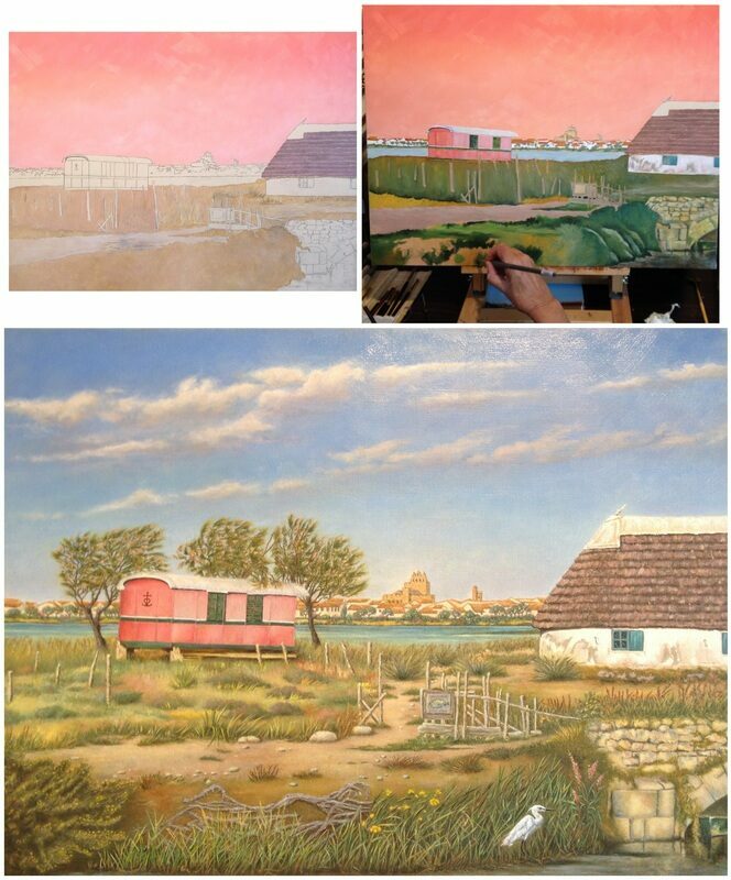 Montage photos d'un tableau à différentes étapes d'une élève qui prend des cours de peinture à l'huile : un paysage carmargais avec une roulotte